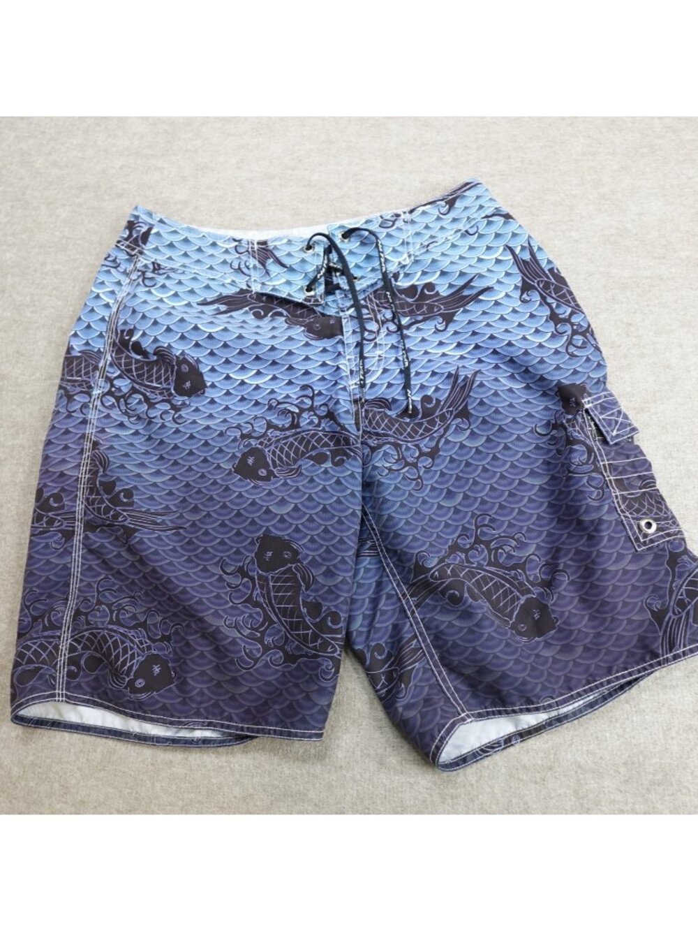 No Fear Shorts 32 Blue Board Koi Fish All Over Print 9" in Y2K Vintage